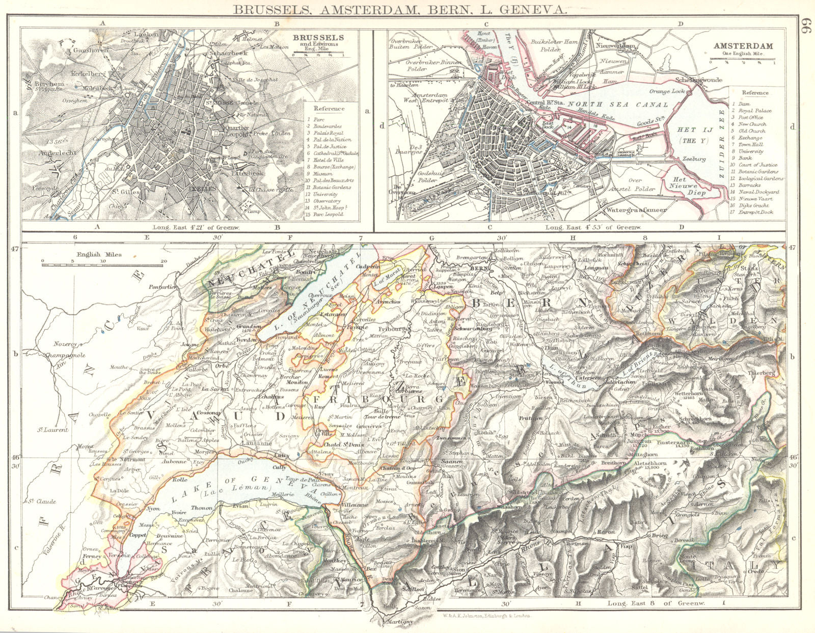 EUROPE. Brussels, Amsterdam, Berne, L. Geneva. Vaud Fribourg 1897 old map